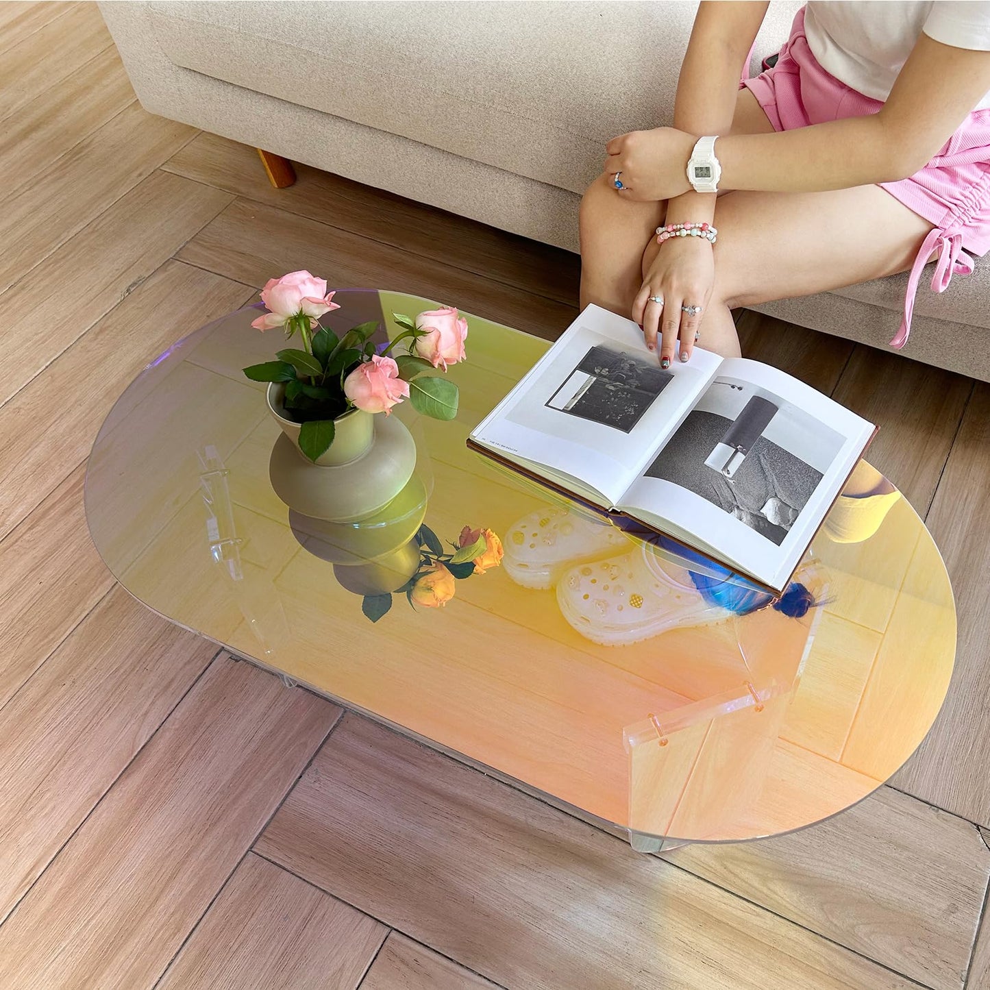 Artloge Iridescent Acrylic Coffee Table: Colorful Small Accent Clear Table