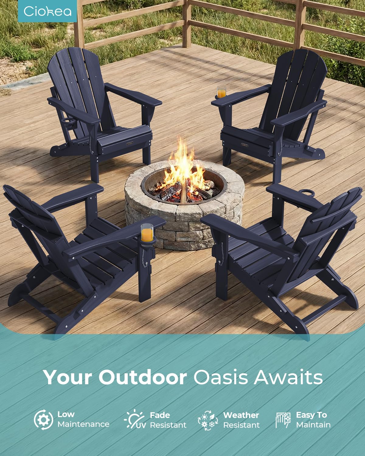 Ciokea Folding Adirondack Chair Wood Texture, Patio Adirondack Chair Weather Resistant, Plastic Fire Pit Chair with Cup Holder, Lawn Chair for Outdoor Porch Garden Backyard Deck, Blue