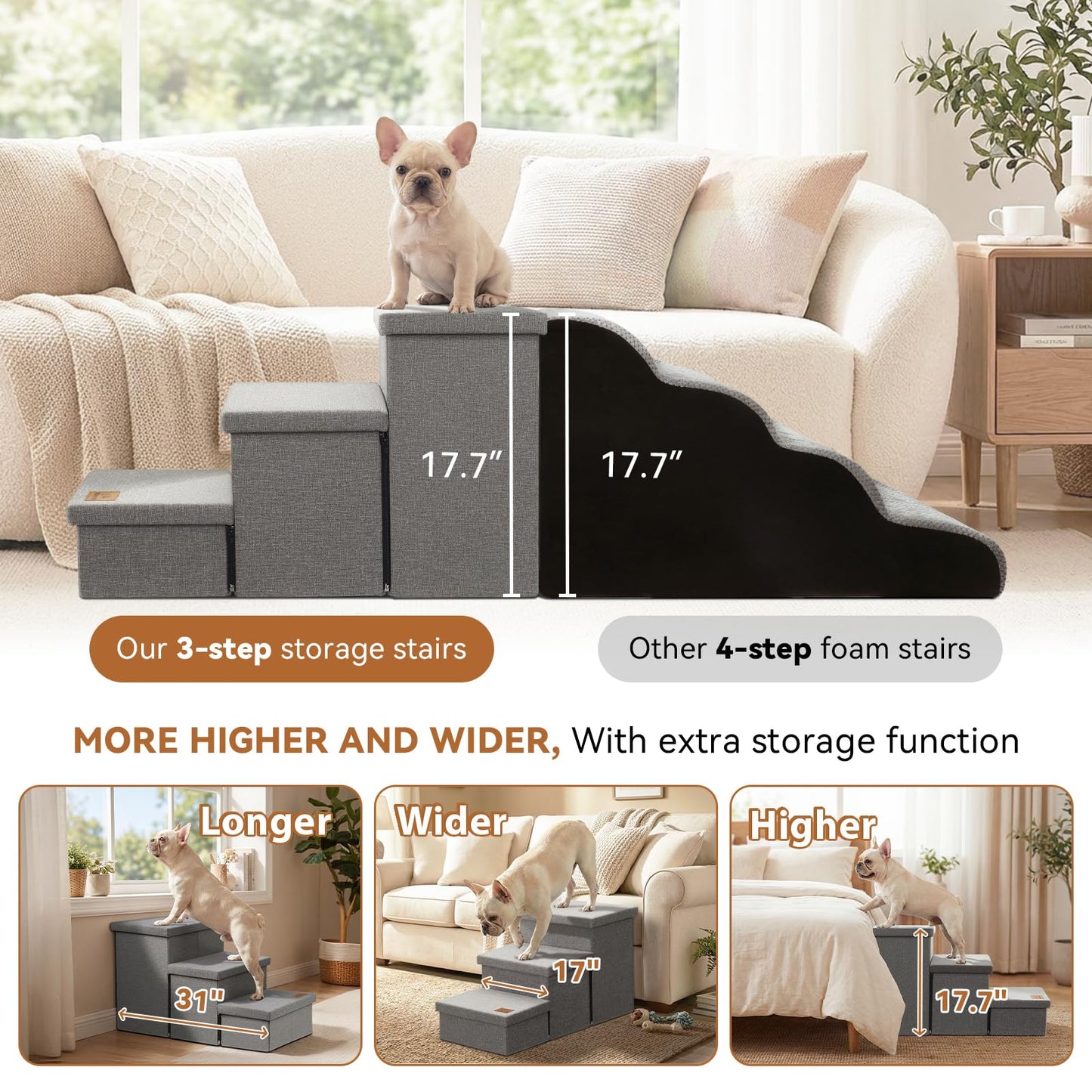 Zerbuger Wider Dog Ramp for High Bed with Storage 18" H, Foldable Dog Stairs for Small Medium Large Older Senior Animal, Sturdy Dog Step for Climbing Bed or Couch, Arthritis-Friendly (Gray, No Condo)