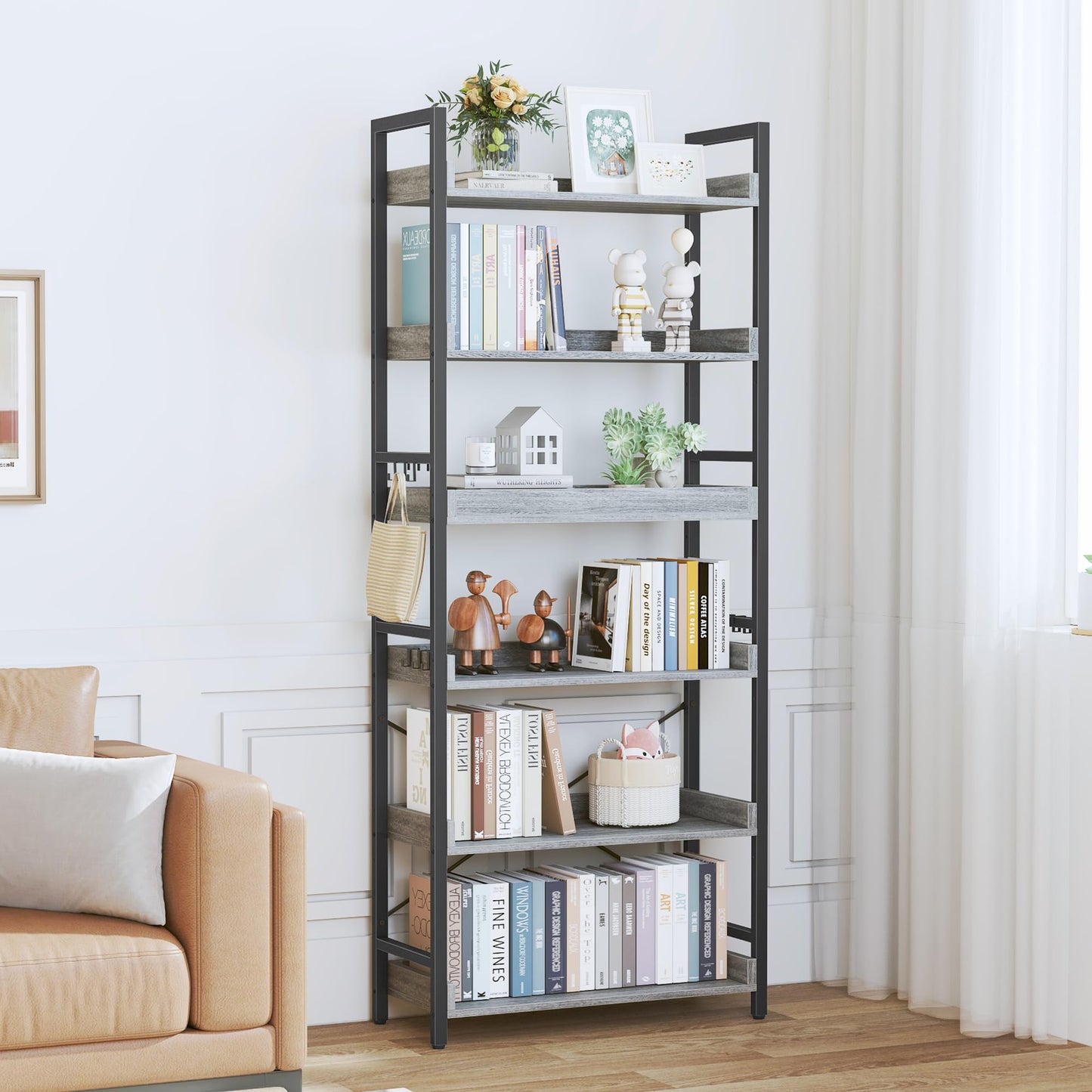 HCHQHS 6 Tier Bookshelf, Adjustable Industrial Bookcase, Vertical Tall Book Shelf, Wood and Black Metal Open Bookshelves for Home Office, Living Room, Bedroom