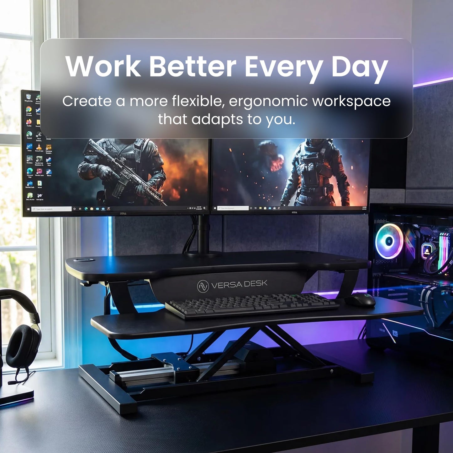 VERSADESK PowerPro 40 Inch Electric Standing Desk Converter – Push-Button Height Adjustable Sit to Stand Desk Riser for Triple Monitors & Laptop – Motorized Desktop Workstation with Wide Keyboard Tray
