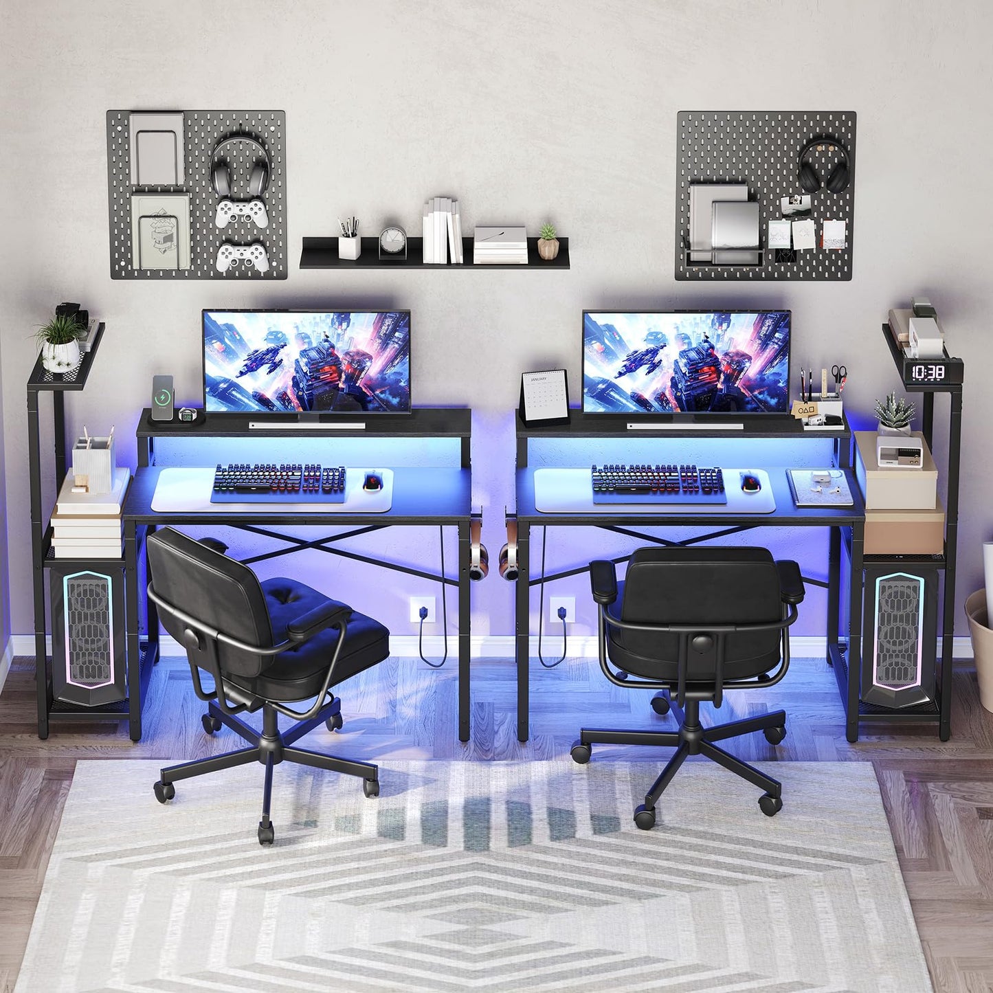 YATINEY Small Computer Desk with LED Light and Power Outlet, Small Gaming Desk with Monitor Stand, Reversible Game Table with 2 Side Hooks, Home Office Desk for Living Room, Bedroom, Black DN06UDBB