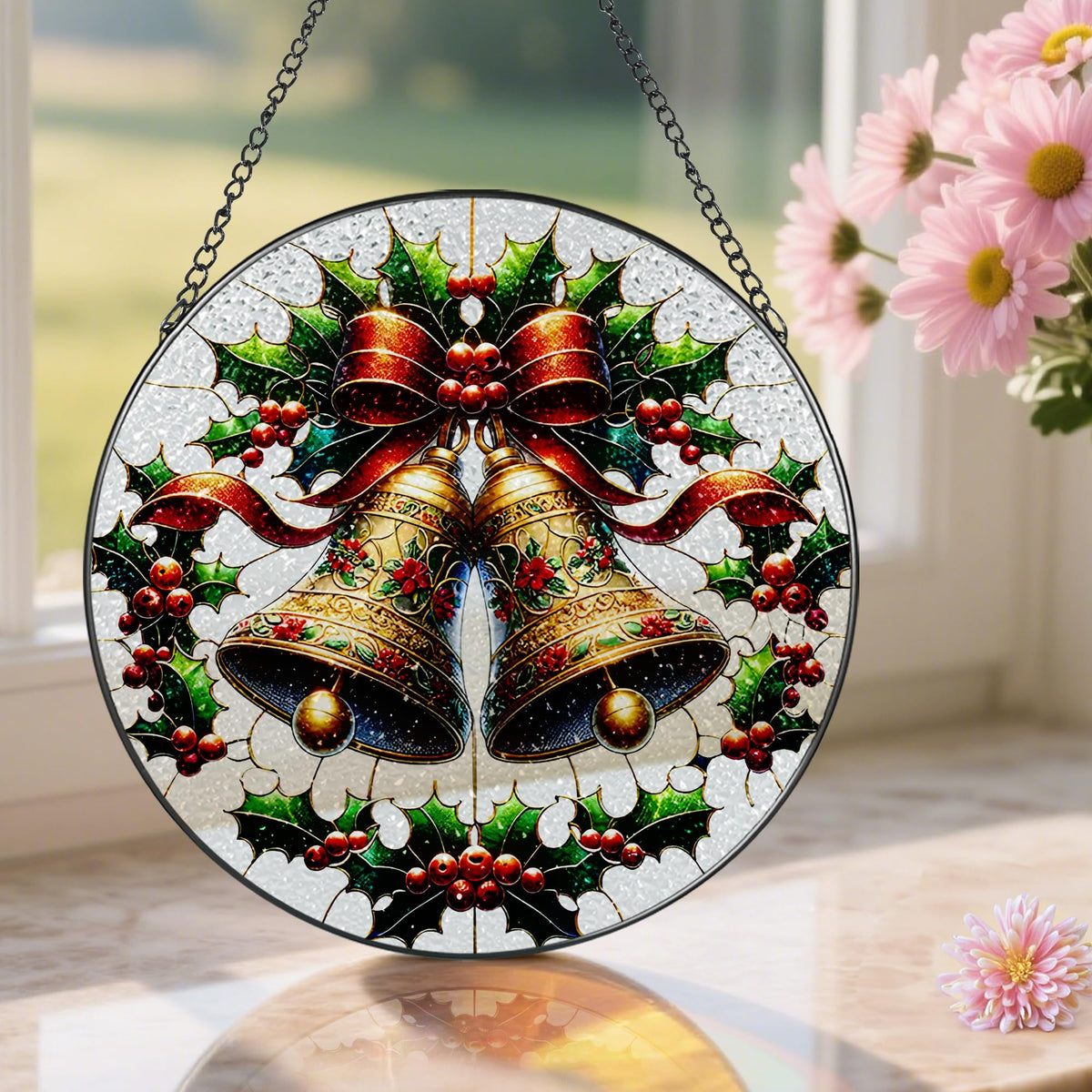 Stained Glass Window Hanging, Pauyadu Sun Catchers Indoor Window, Bells Christmas Suncatcher, Christmas Home Decor, Festive Gifts for Friends, Neighbor - 8 Inch