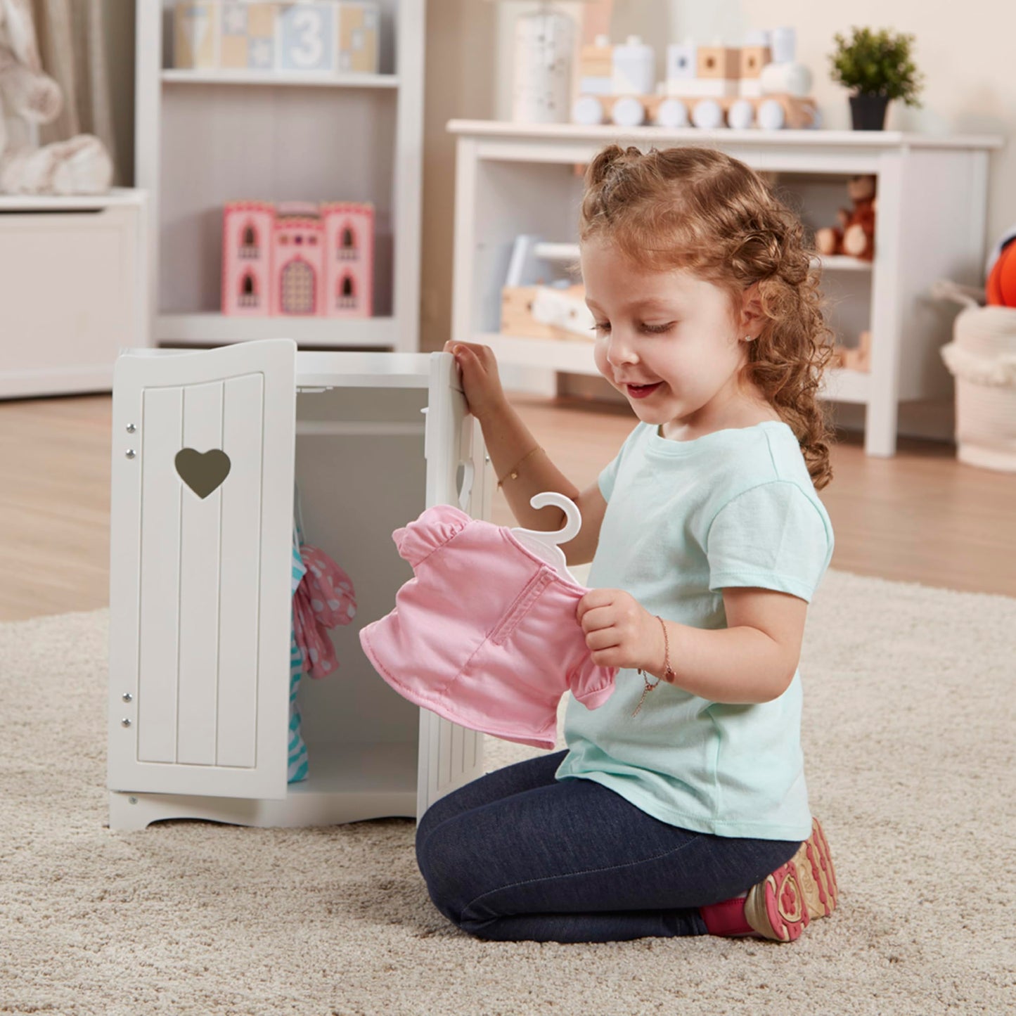 Melissa & Doug Mine to Love Wooden Play Armoire Closet for Dolls, Stuffed Animals - White (17.3”H x 12.4”W x 8.5”D Assembled) Wooden Pretend Play Closet, Doll Wardrobe
