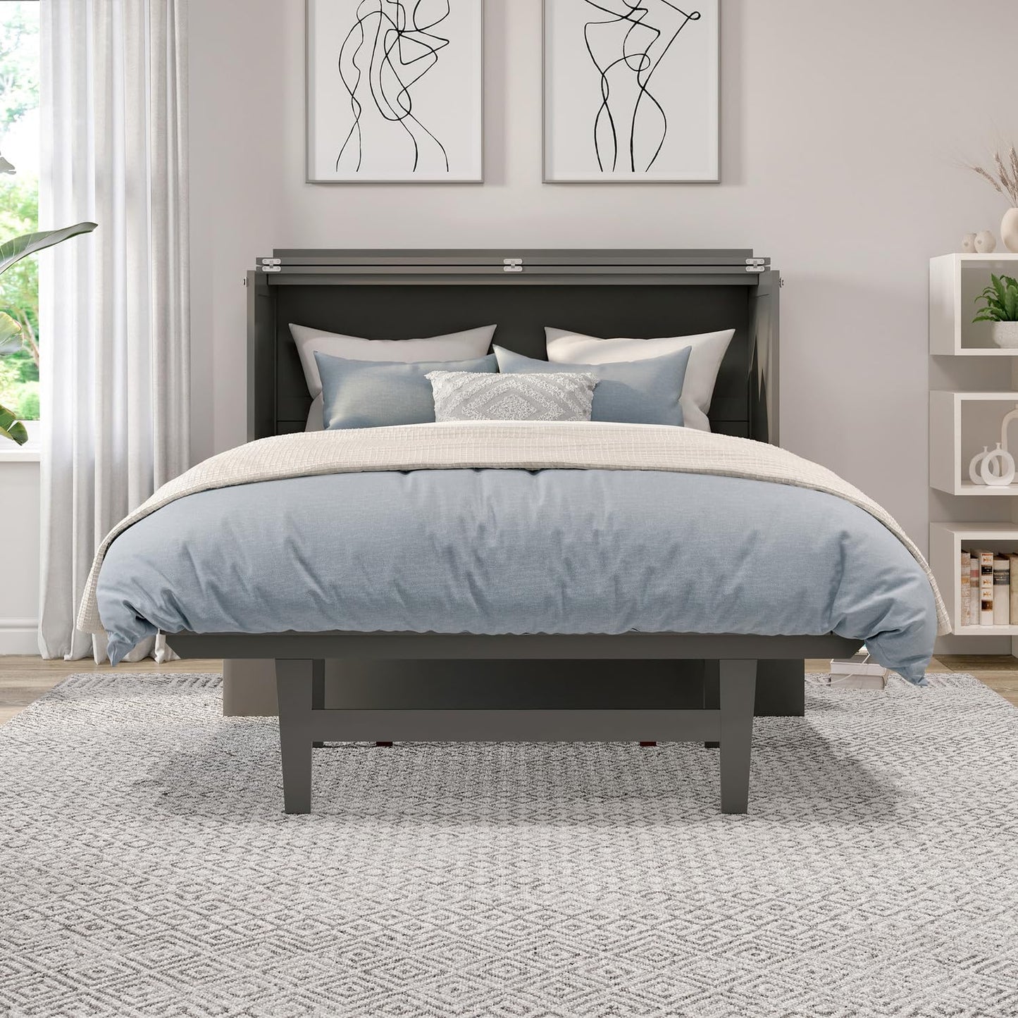 HomeStock Full Murphy Bed Desk with 6" Mattress & Built in Charger in Grey