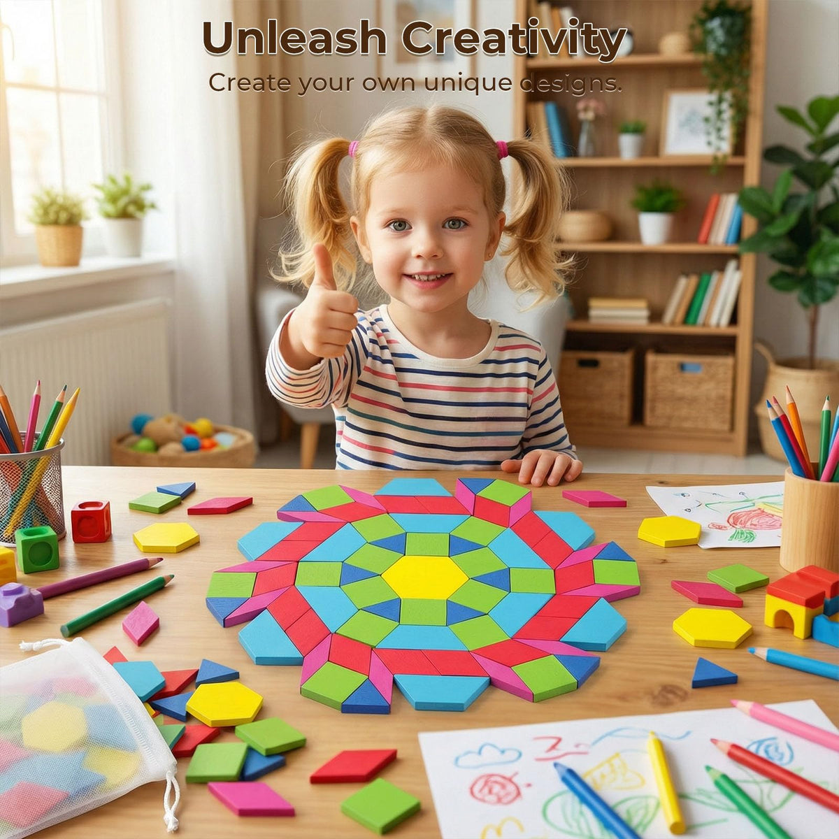 3 otters Wooden Pattern Blocks Shapes for Kids, Geometric Tangram Puzzle with Activity Cards, 150 PCS Educational Toy