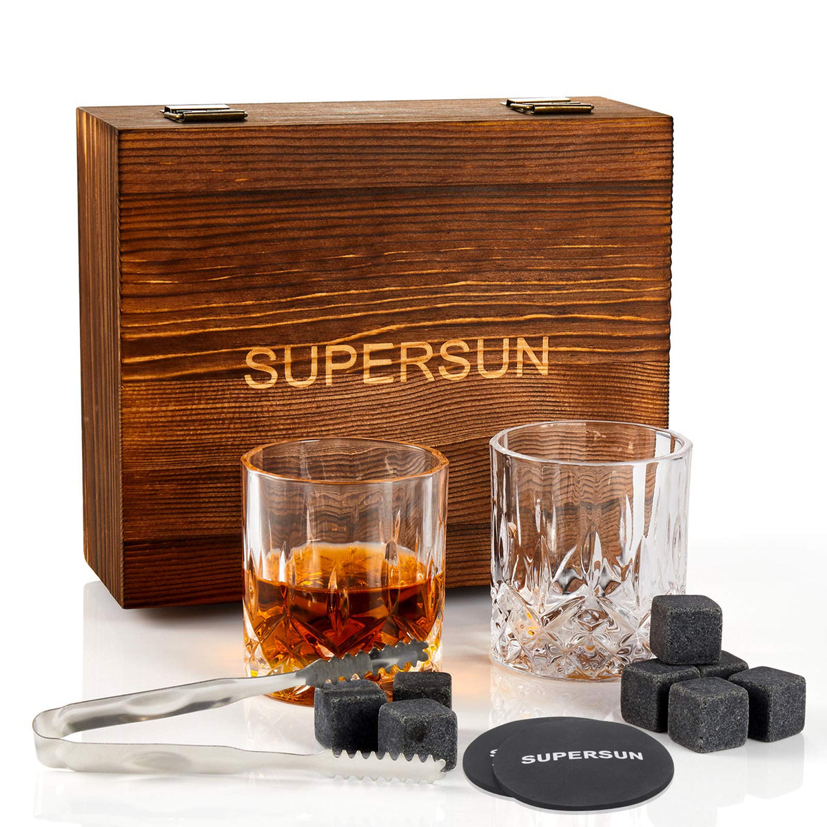 Whiskey Glasses Stones Gifts Set for Father, Pack of 2, 10 oz Scotch Bourbon Glasses, 8 Chilling Rocks with Tongs Perfect for House Warming Anniversary Birthday Farewell for Men