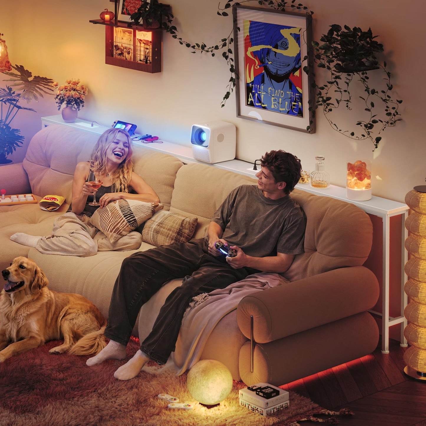 Huuger 110.2 Inch Behind Couch Table with 2 Power Outlets and USB-C Ports, Extra Long Narrow Sofa Table for Sectional Sofa, Skinny Console Table with Anti-Bump Pads, for Living Room, White