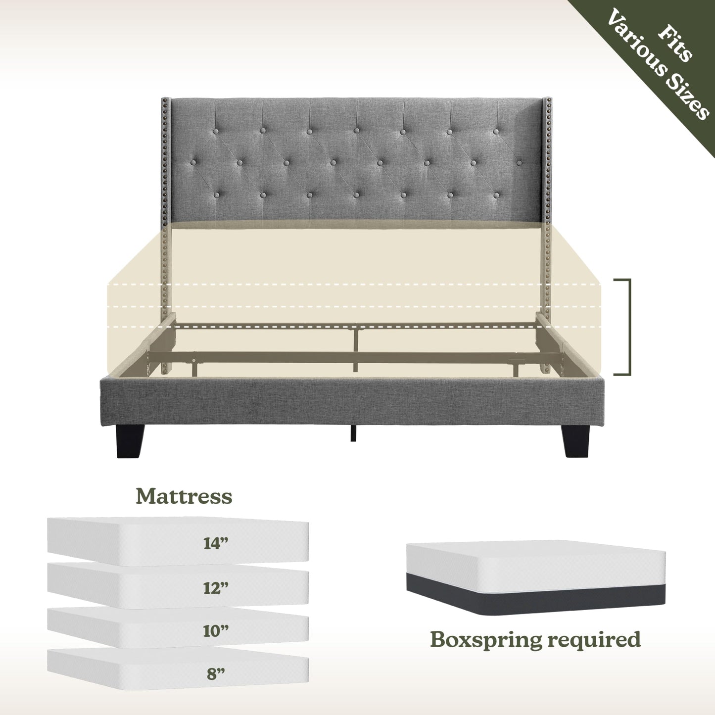 Hearth & Harbor Queen Bed Frame with Headboard Wingback – Linen Platform Bed Frame Queen Size, Button-Tufted Upholstered Bed Frame Queen, Modern Bedframe, Box Spring Required, Silver