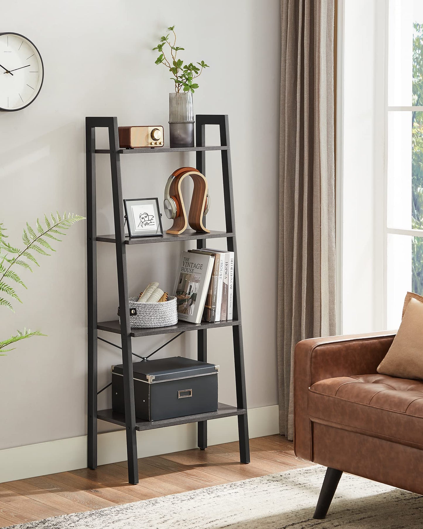VASAGLE BARNET Collection - Ladder Shelf, Bookshelf, Storage Rack, Modern Bookcase for Living Room Home Office Kitchen, Steel Frame, 4-Tier, 22-Inch Wide, Charcoal Gray and Ink Black ULLS044B04