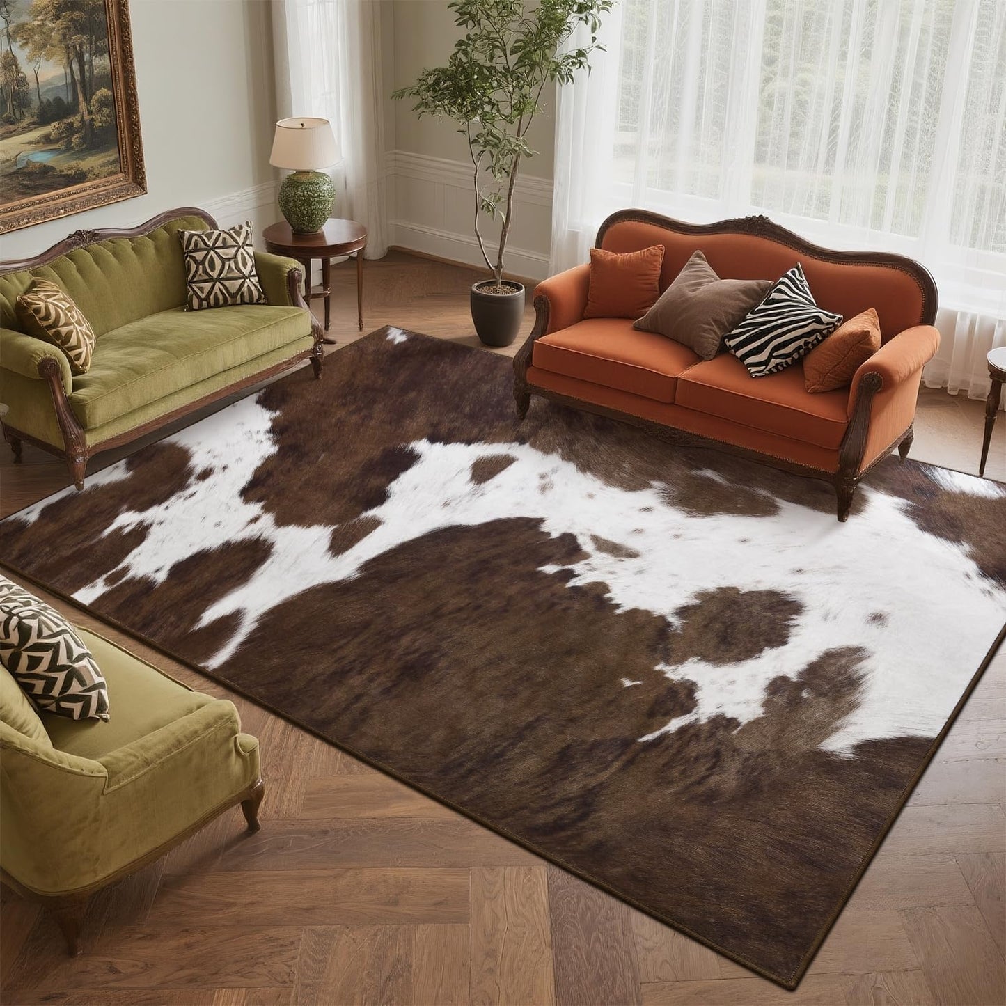 DweIke Cow Print Rug 5x7 – Brown Faux Cowhide Rugs, Washable Soft Non-Slip Stain Resistant Animal Cow Hide Carpet for Living Room Bedroom Dining Room Office, Western Home Decor