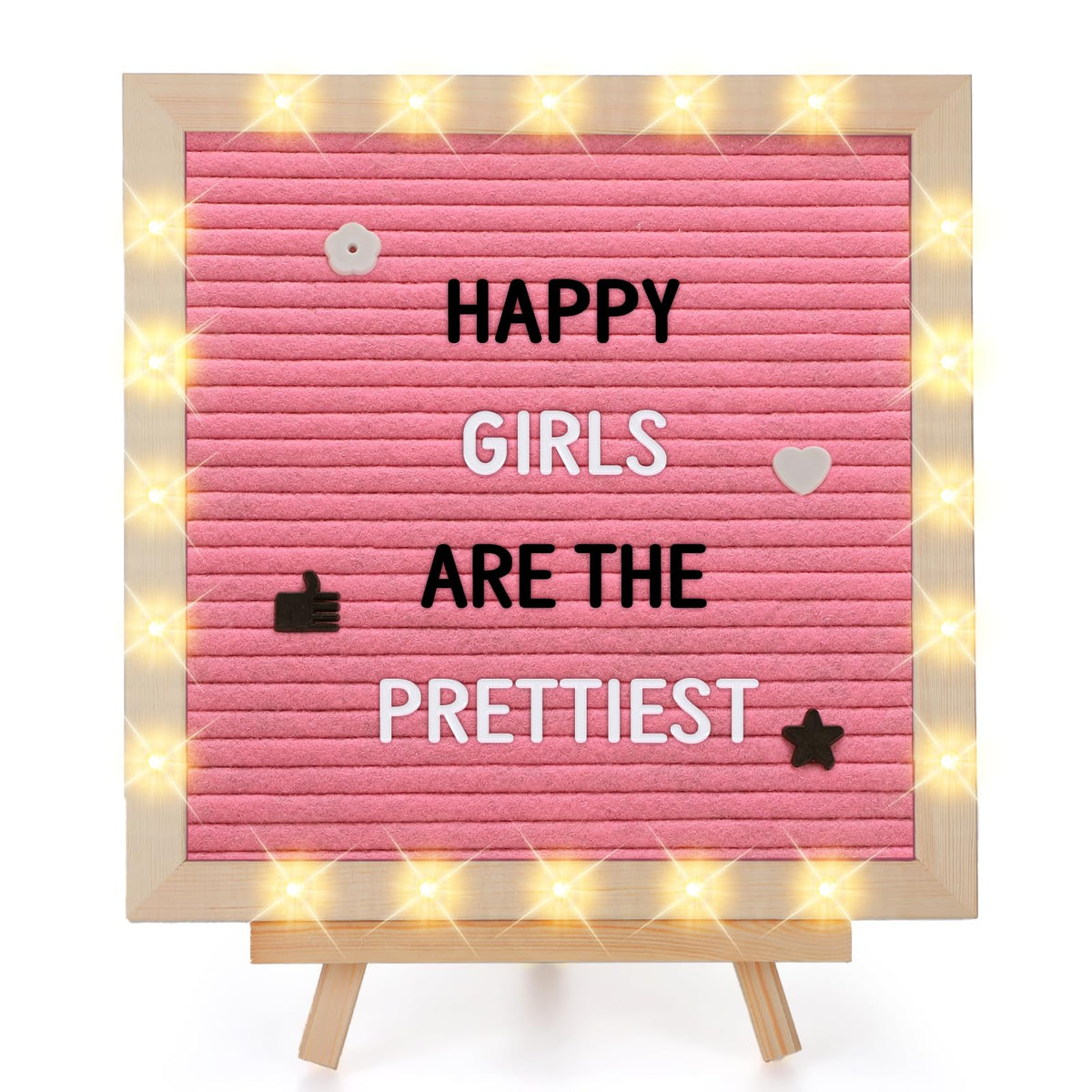Changeable Felt Letter Board with LED Lights - 10''×10" Message Custom Signs & Wood Stand & 450 Letters, Poster Board for Baby/Pregnancy Announcement/Classroom Wall Decor Gifts, Pink