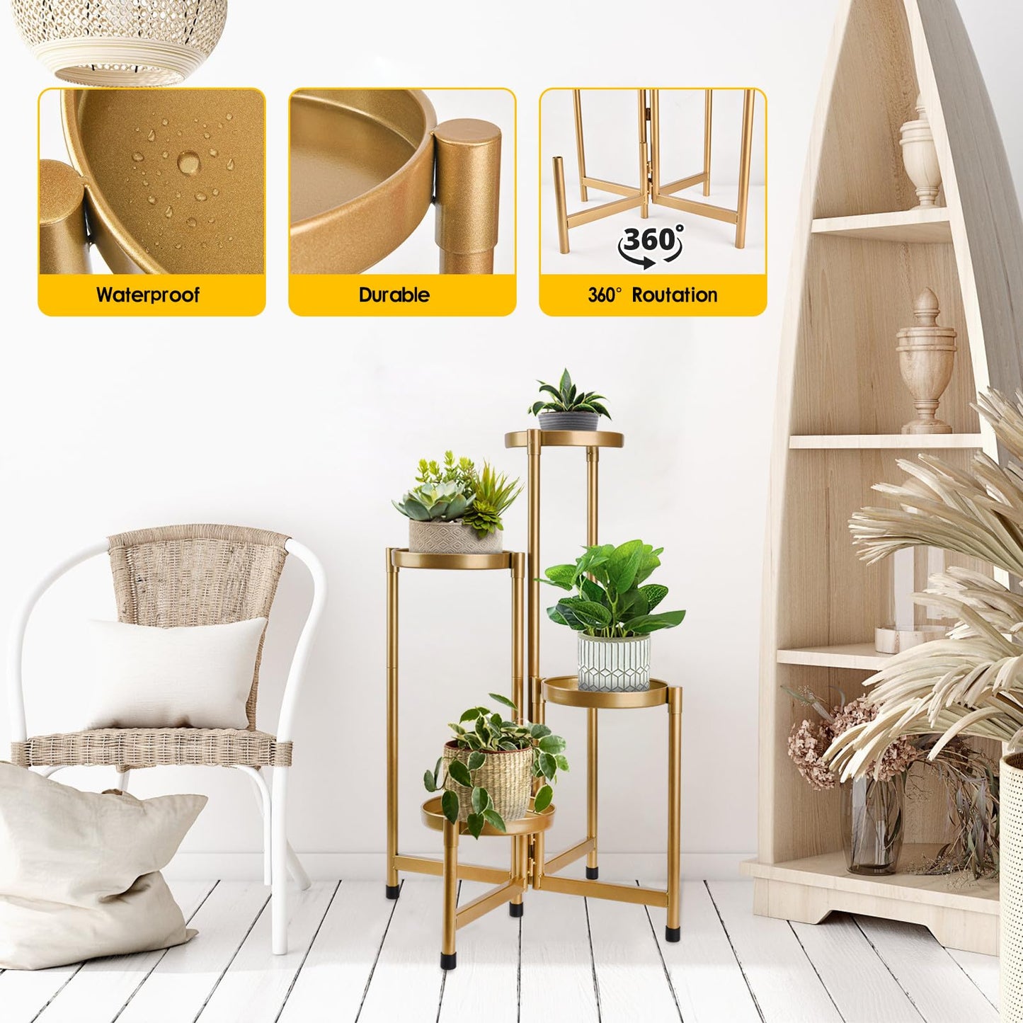 HOEGMST 4 Tier Plant Stand Indoor Outdoor, 31 Inch Tall Metal Plant Shelf Waterproof, Plant Holder with Folding Design For Home, Living Room, New Upgrate Gold