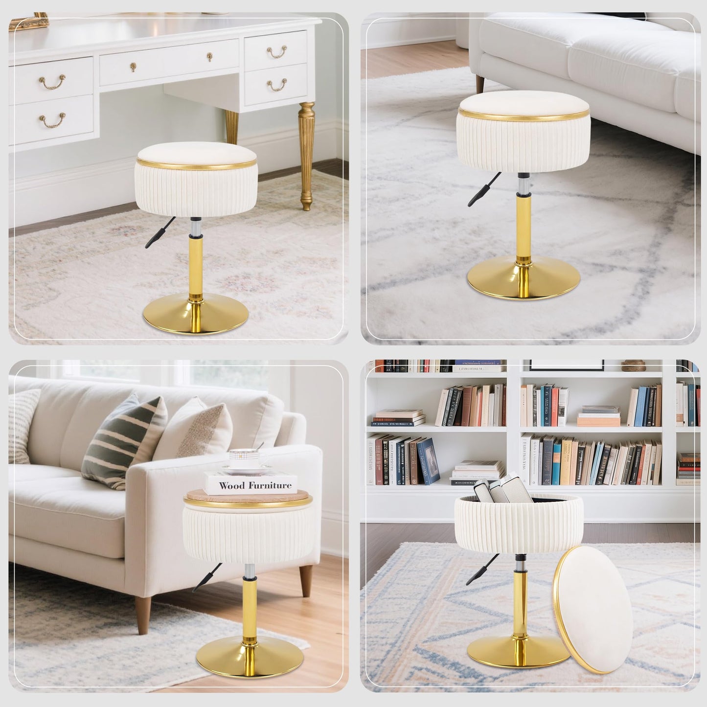 MRITWAII Adjustable Vanity Stool with Storage, 360° Swivel Makeup Stool Chair Small Velvet Round Ottoman with Gold Base for Bedroom (Beige)