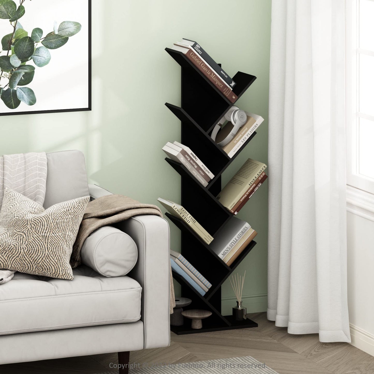 Furinno TREE Book Shelf, 9-Tier Bookshelf, Tree Bookcase with Angled Open Shelf, 8.4 x 15.7 x 50.9, Corner Shelf for Room Decor, for Living Room, Bedroom, Home Office, Espresso