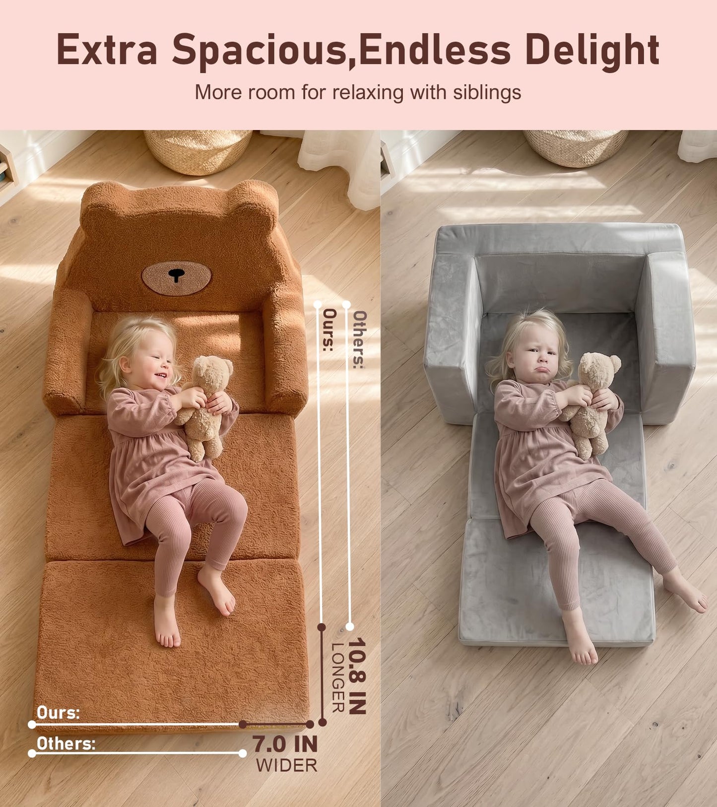 little dove Extra Wide Soft Kids Couch Fold Out, 2-in-1 Kids Couch, Convertible Kid Sofa, Kid Furniture for Playroom, Ideal Gifts for Boys & Girls Ages 3+, Bear