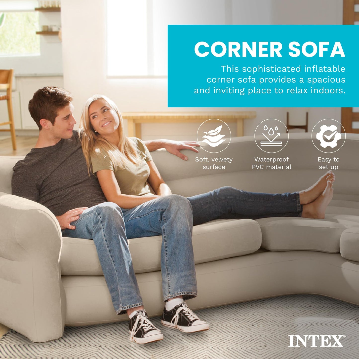 Intex Inflatable Corner Sofa, L-Shaped Couch with 880 lb. Weight Capacity, 2-in-1 Valve for Easy Indoor Setup, 101" x 80" x 30”