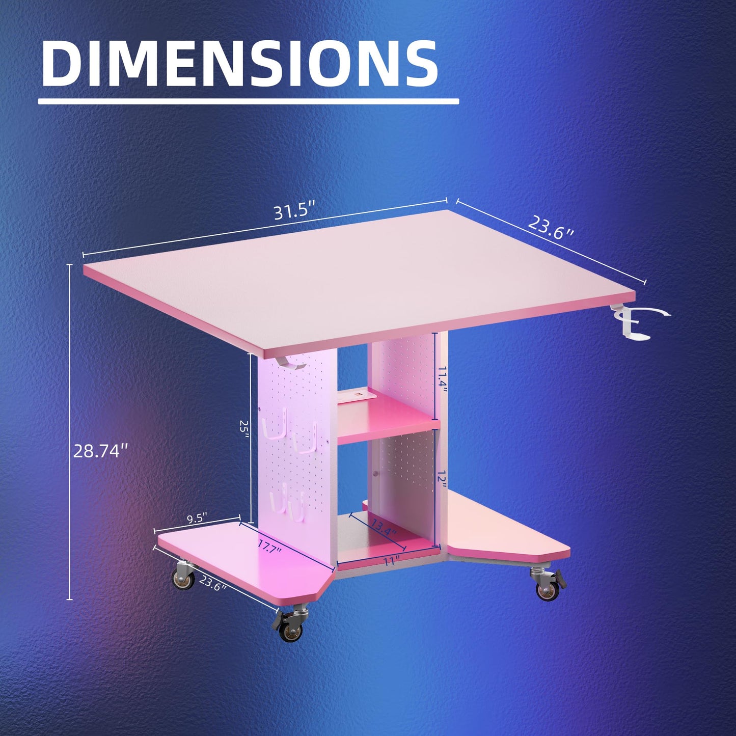 Pamray Small Gaming Desk Rolling Computer Table Pink