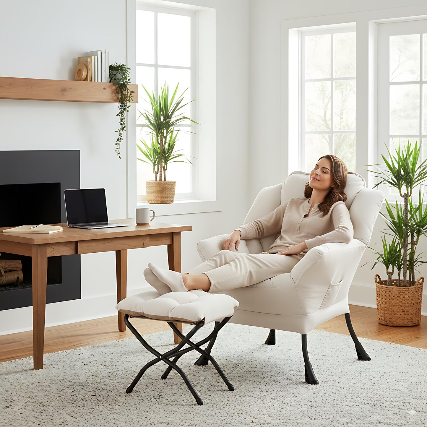 LITA Lazy Chair with Ottoman, Modern Accent Leisure Upholstered Sofa, Contemporary Lounge Reading Chair with Armrests and a Side Pocket for Living Room, Bedroom & Small Space, Beige