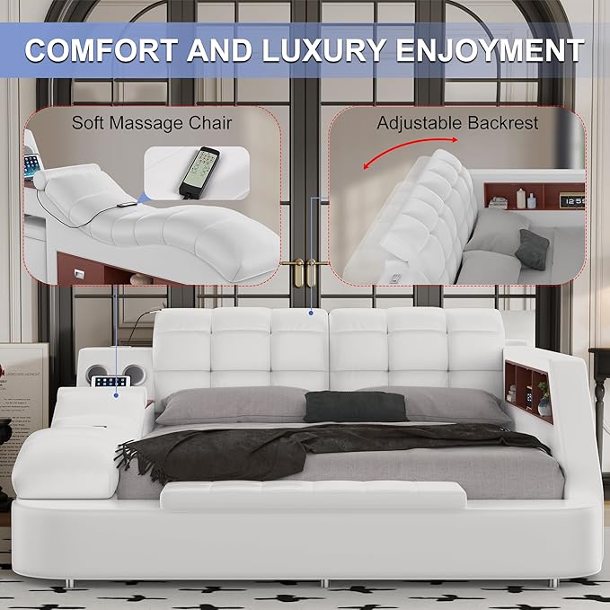Luxury Smart King Bed Frame, Leather Headboard/Strong Wooden Slats
