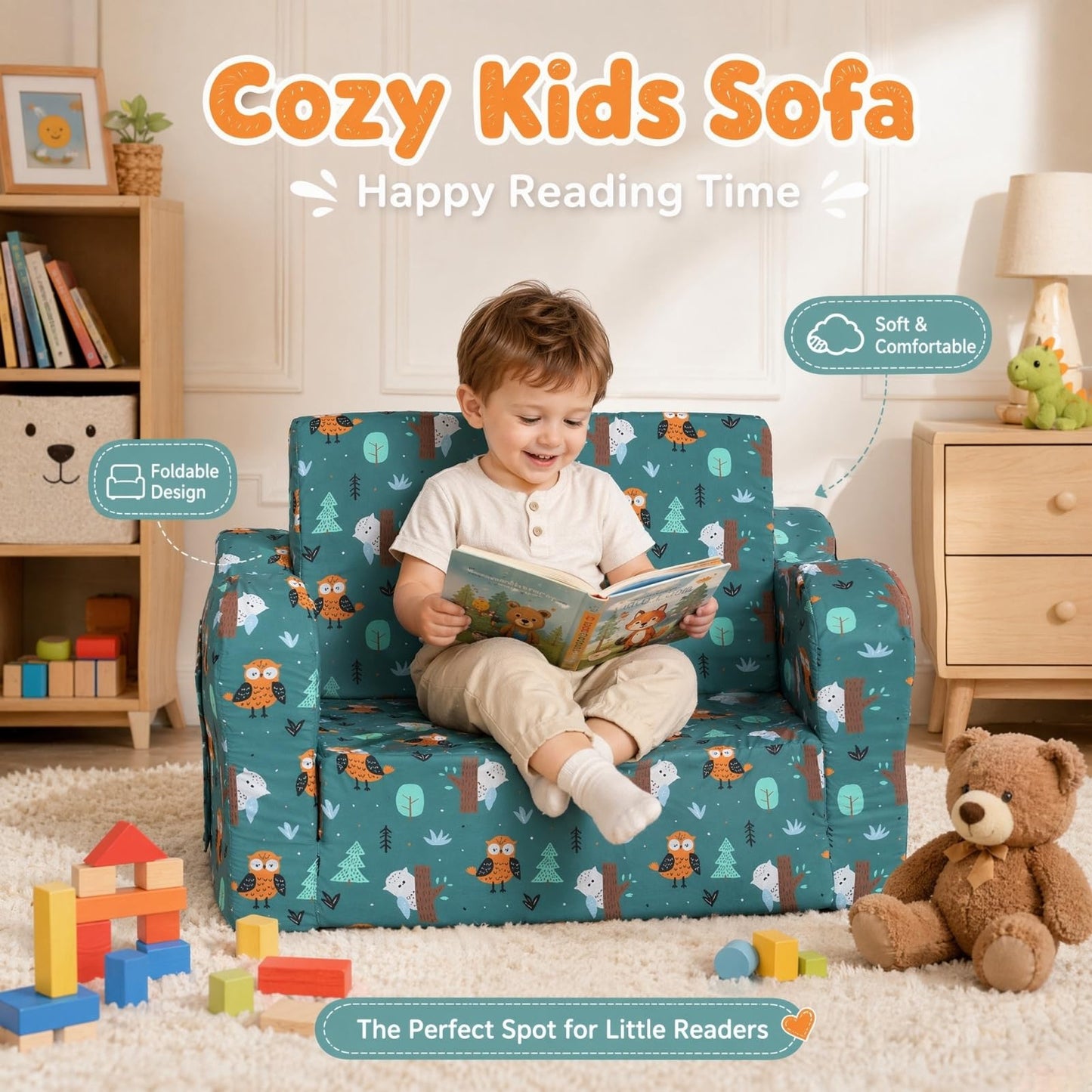 MOMCAYWEX Kids Sofa, 2-in-1 Flip-Out Foam Couch, Foldable Soft Play Lounge Chair, Teal