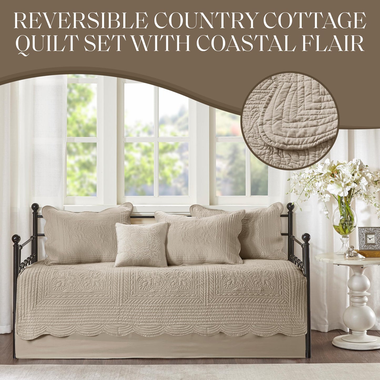 Madison Park Daybed Cover Set Damask Quilted Cover for Daybeds, All Season, Pre-Washed Cotton-Filled Coastal Bedding with Scallop Edge, Shams, Bedskirt, Décor Pillows, Tuscany, Daybed Khaki 6 Piece