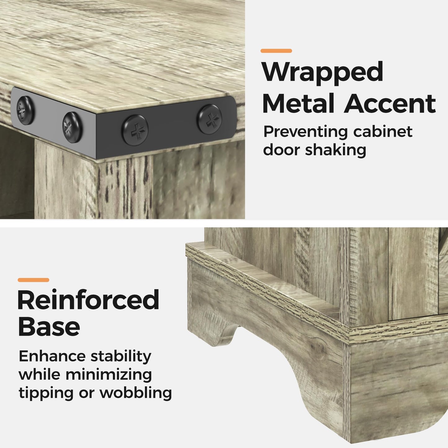 RoyalCraft Farmhouse Nightstand, End Table with Charging Station, Tall Bedside Table with Large Storage Room and Shelf, Wooden Rustic Side Table for Bedroom, Home Office, Light Grey