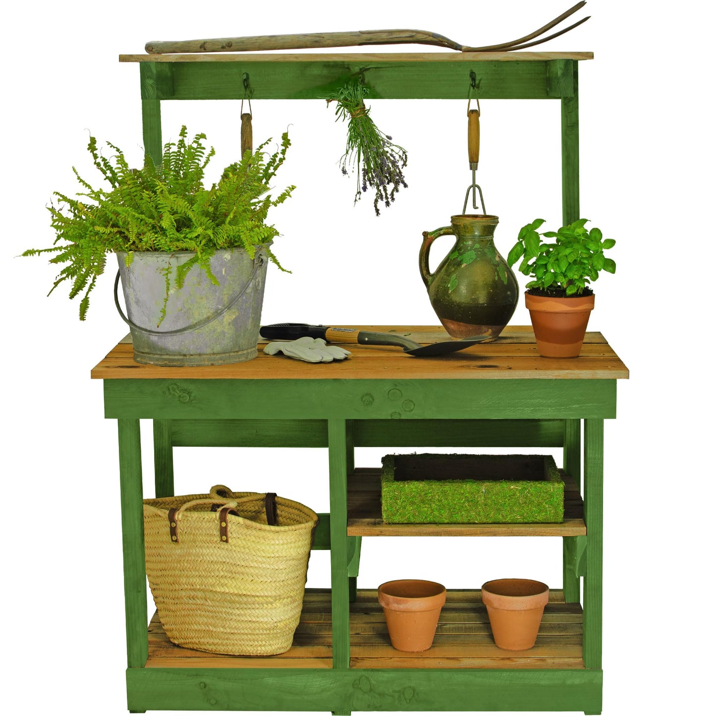 Rustic Gardening Workbench Outdoor Potting Table with Tool Hooks - Wooden Patio Furniture (Natural Redwood Frame)