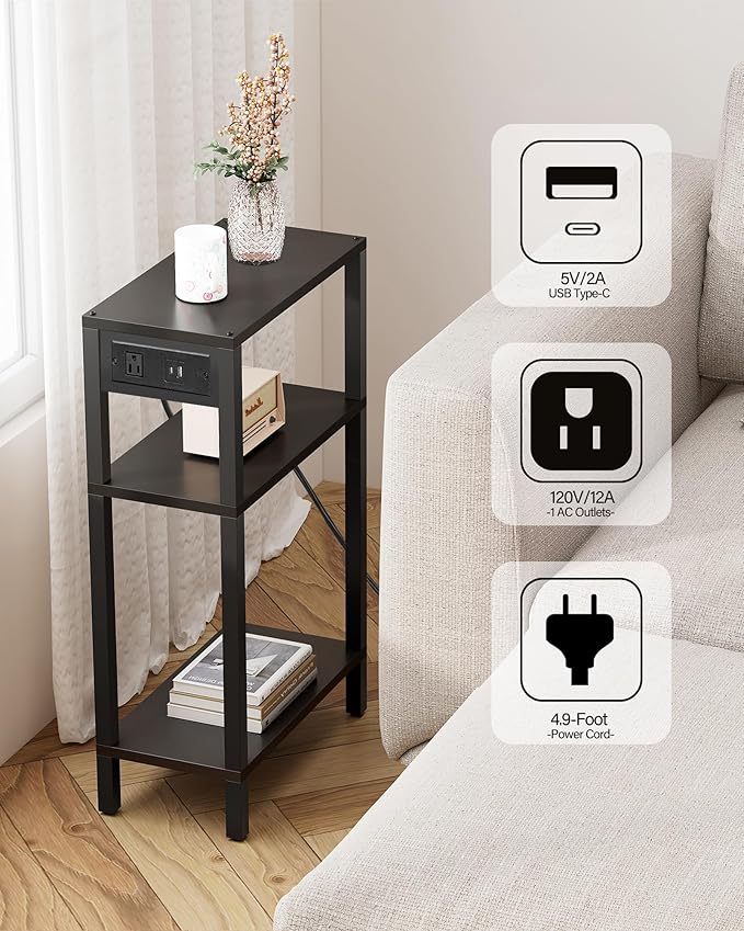 TUTOTAK Narrow Side Table with Charging Station, Small End Table with USB Ports