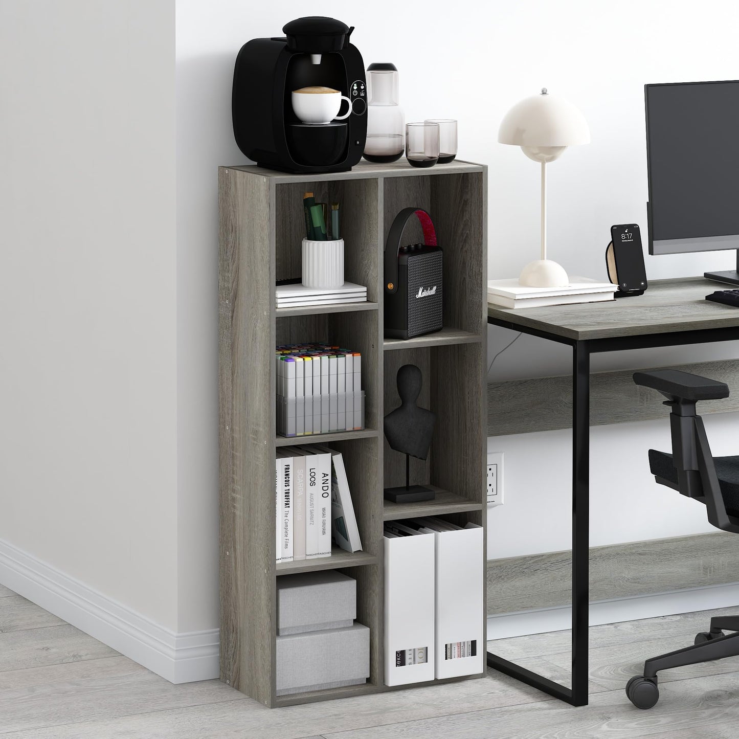 Furinno LUDER Book Shelf, 7-Cube Bookshelf, Bookcase with Open Shelves, 9.4 x 19.5 x 41.7, Easy Assembly, for Living Room, Bedroom, Home Office, French Oak