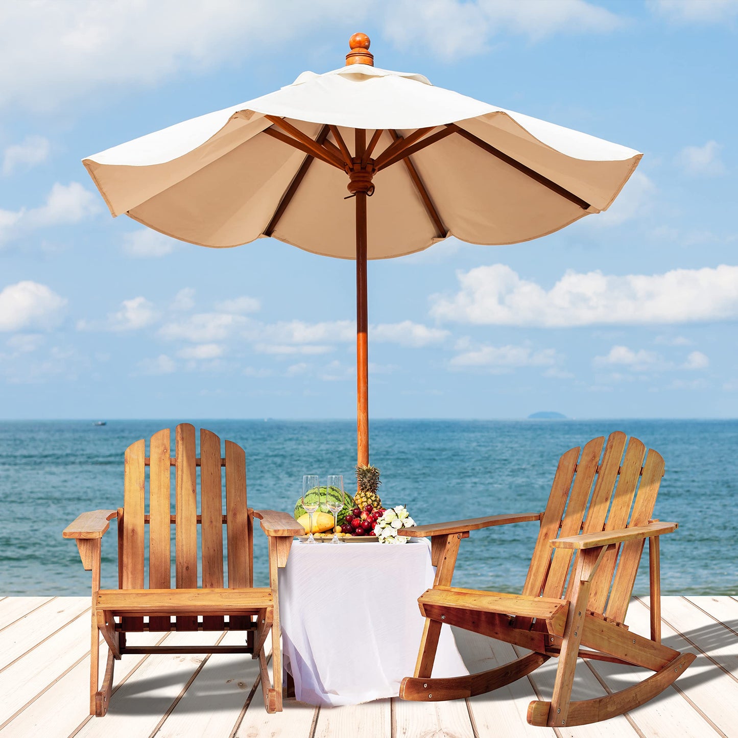 JONATHAN Y Kiawah Acacia Wood Adirondack Rocking Chair, Weather-Resistant Outdoor Slatted Rocker for Patio, Deck, Garden and Fire Pit, Solid Wood Lawn Seating, Light Brown PAT1000A