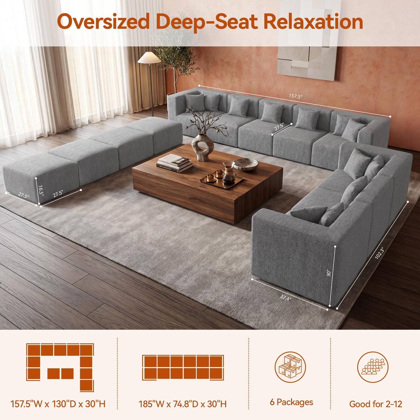 MONVANE Modular Sectional Sofa, Oversized 12 Seat Convertible U Shaped Couch with Ottoman, Comfy Chenille Cloud Couch with Pillow, Sectional Couches for Living Room, No Assembly Required, Light Grey