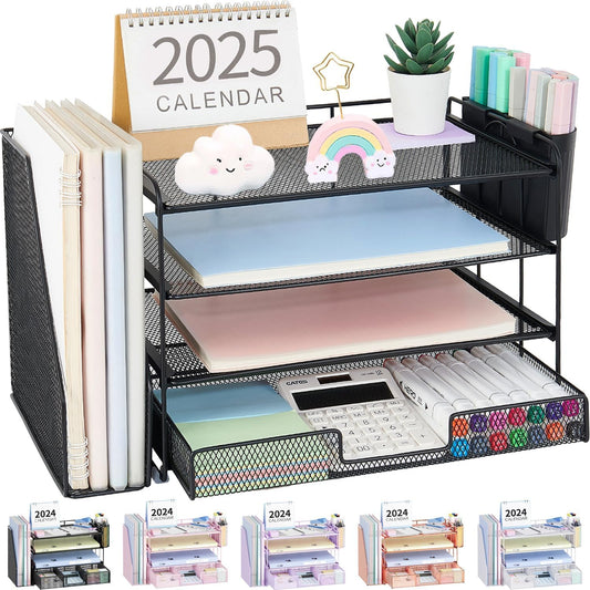 OPNICE Desk Organizer, 4-Tier Desktop File Organizer with Drawer and 2 Pen Holders, Office Desk Accessories, File Sorters, Workspace Organizers for Office Supplies(Black-2pack)