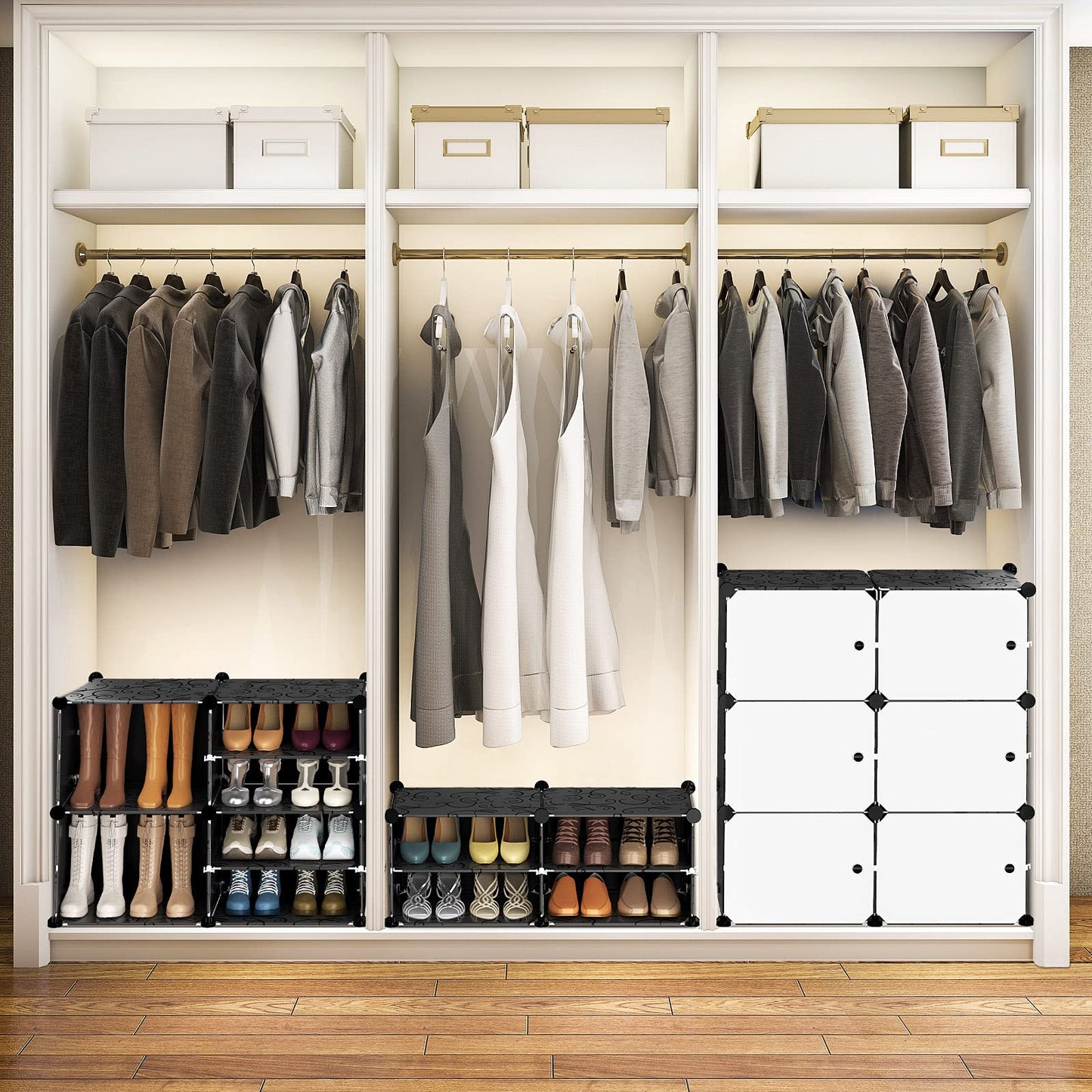 VTRIN Portable Shoe Rack Organizer - 48 Pair Tower, 4 Tiers for Entryway Shelf Storage - Cabinet Stand for Heels, Boots, Slippers - Narrow Standing Stackable Space Saver - Black White