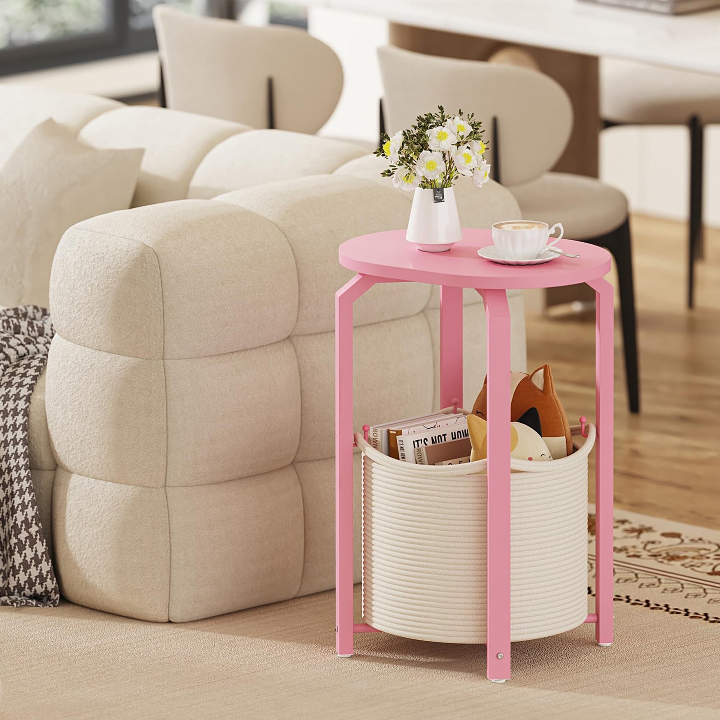 TUTOTAK Set of 2 Oval End Tables with Woven Storage Baskets, Pink Small Side Tables for Living Room, Bedroom, Pink TB01BP0932