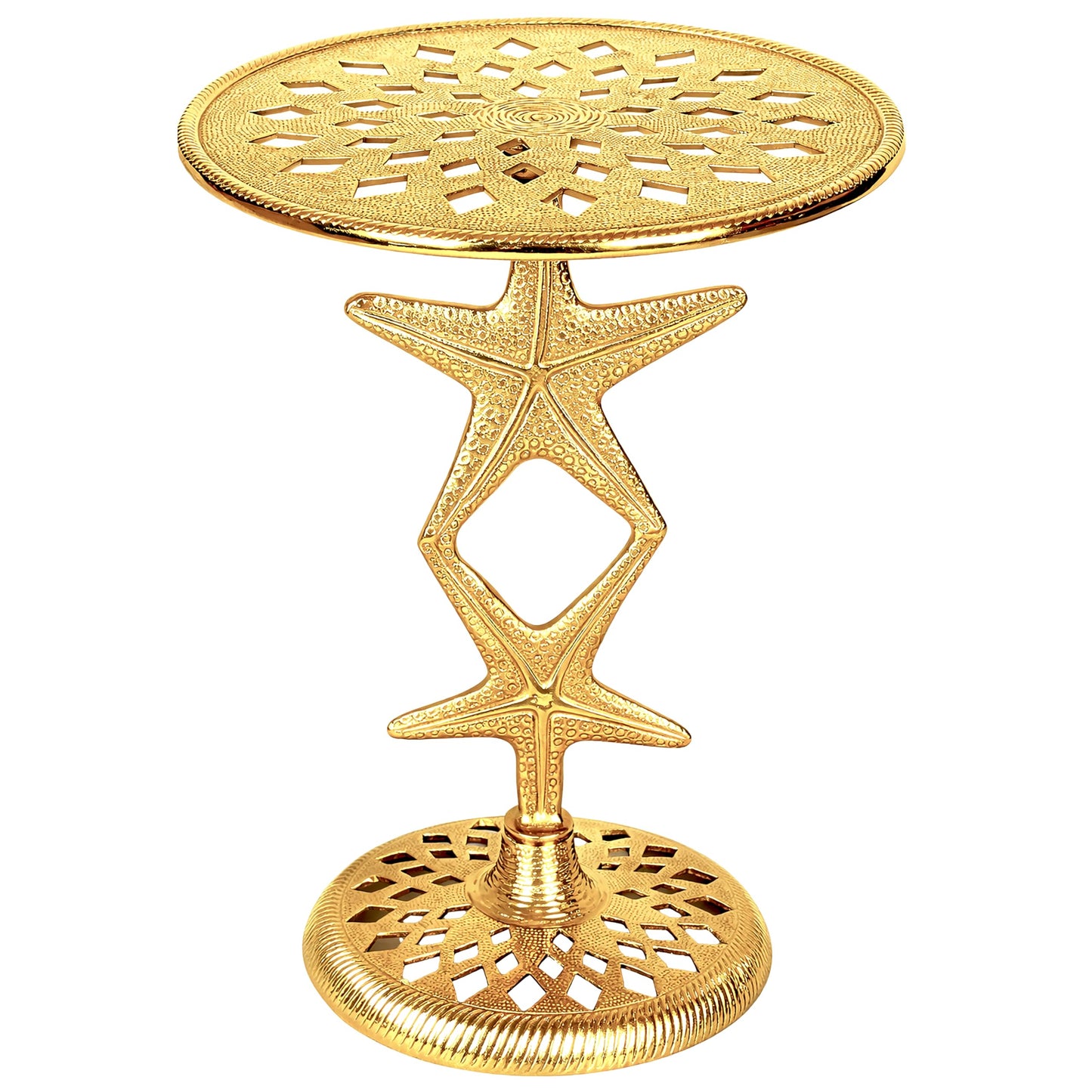 Round End Table with Metal Base for Living Room & Bedroom | Modern Side Table for Home, Office, Indoor & Outdoor Use | Pedestal Accent End Table, Gold, 15 x 19 Inch