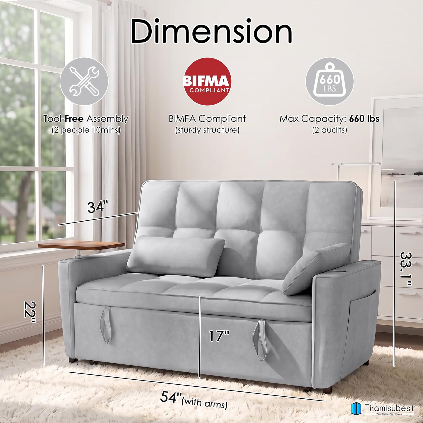 tiramisubest 54'' Sleeper Sofa Bed, Convertible Pull Out Couch Futon for for Living Room,Apartment (Midgrey) Side Desk, USB Ports, Cup Hold, Velvet Fabric, Adjustable Backrest, Easy Assembly