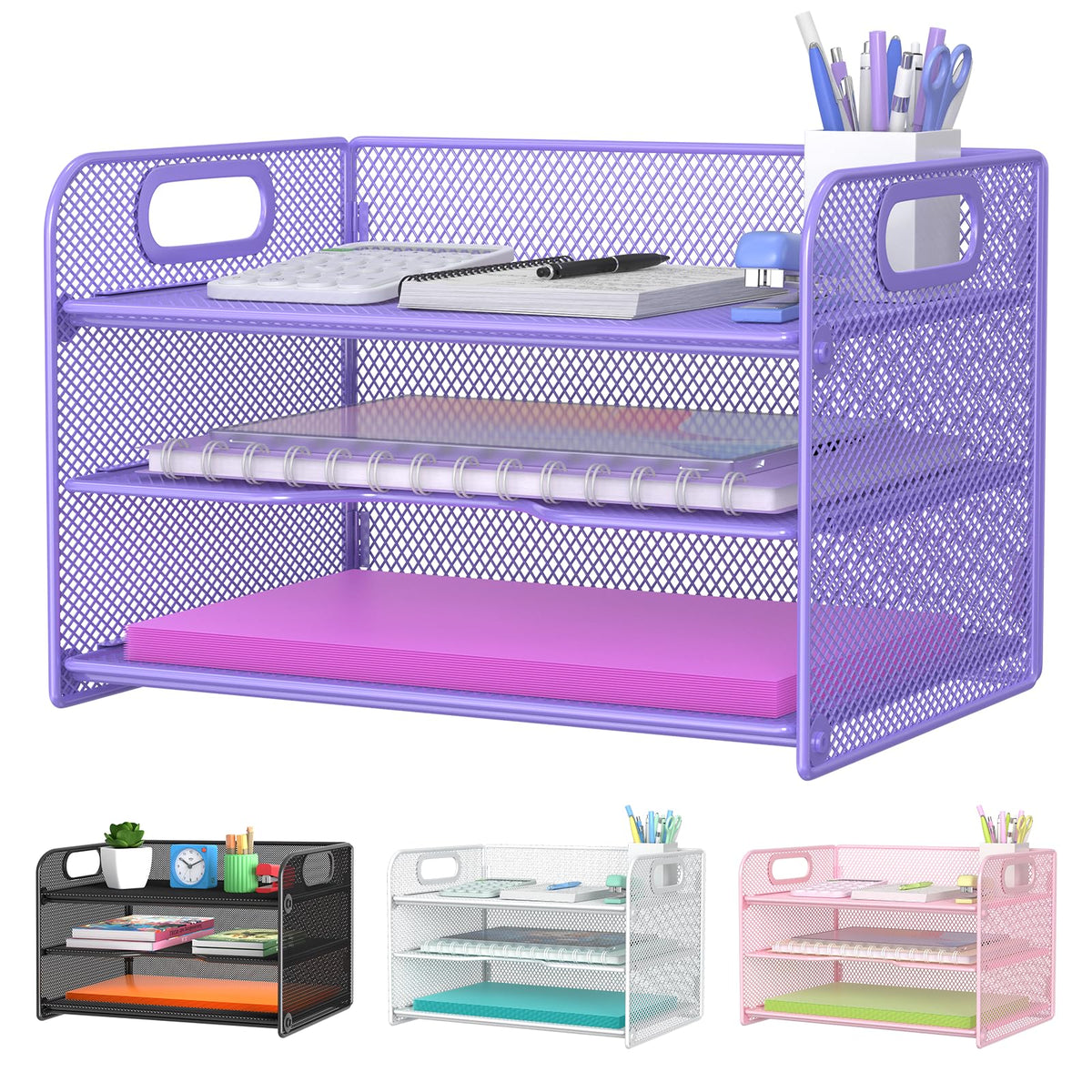 Samstar 3 Tier Purple Letter Tray Paper Organizer with Handle, Mesh Desk Organizer Paper Sorter File Rack Shelves, Purple