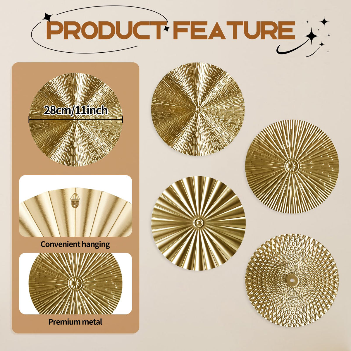 RUNTIVAN 4 Pack Metal Wall Art Decor - 11inch Sunburst Hanging Metal Artwork Decor Wall Art Decorations for Home Living Room Office Gift for Christmas(Gold)
