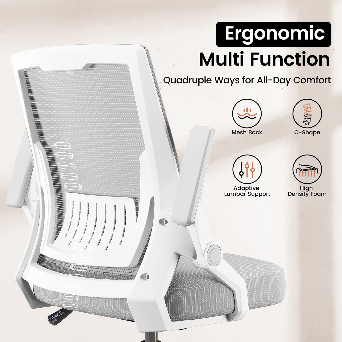 GTPOFFICE Ergonomic Office Chair, Computer Desk Chair Comfy with Adjustable Lumbar Support, Mid-Back Mesh Office Chair with Flip-up Armrest, Tilt Function Task Chair for Home, Bedroom, Gaming