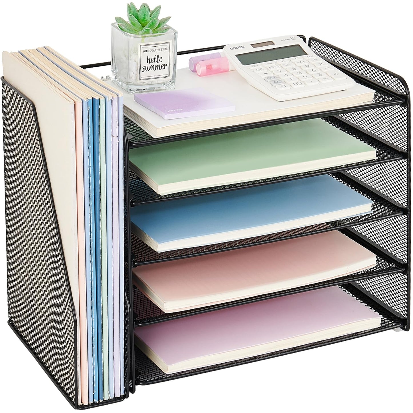 OPNICE Desk Organizers and Accessories, 5-Tier Paper Organizer Letter Tray with Magazine Holder, Office Desk Accessories & Workspace Organizers, Desktop File Organizer for Office Supplies, Black
