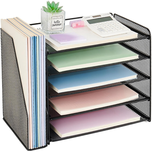 OPNICE Desk Organizers and Accessories, 5-Tier Paper Organizer Letter Tray with Magazine Holder, Office Desk Accessories & Workspace Organizers, Desktop File Organizer for Office Supplies, Black