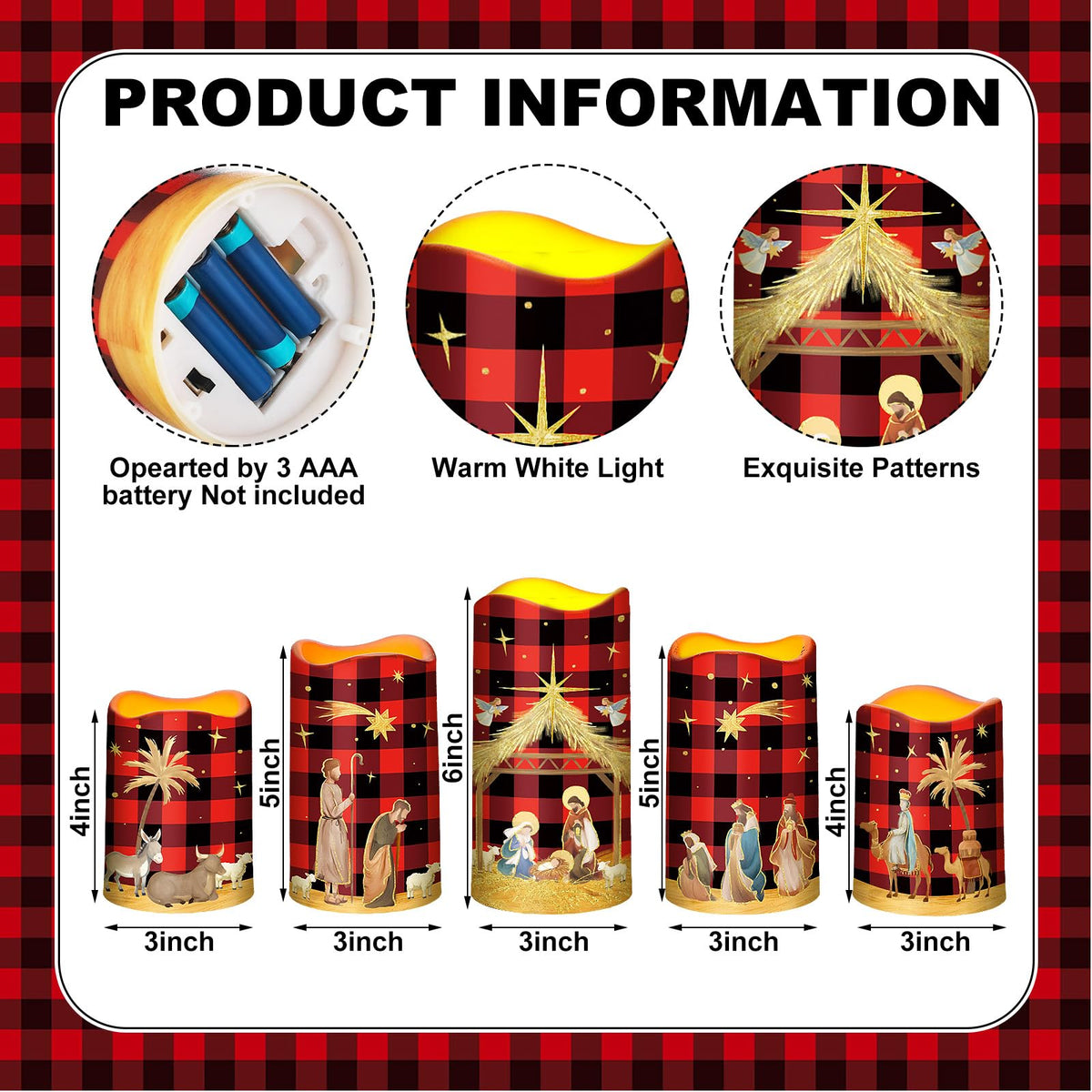 Glooglitter 5 Pcs Buffalo Plaid Nativity Scene Candles Flameless Christmas LED Pillar Jesus Religion Candles Battery Operated with Timer Remote for Xmas Christian Holiday Table Home Decor Church Party