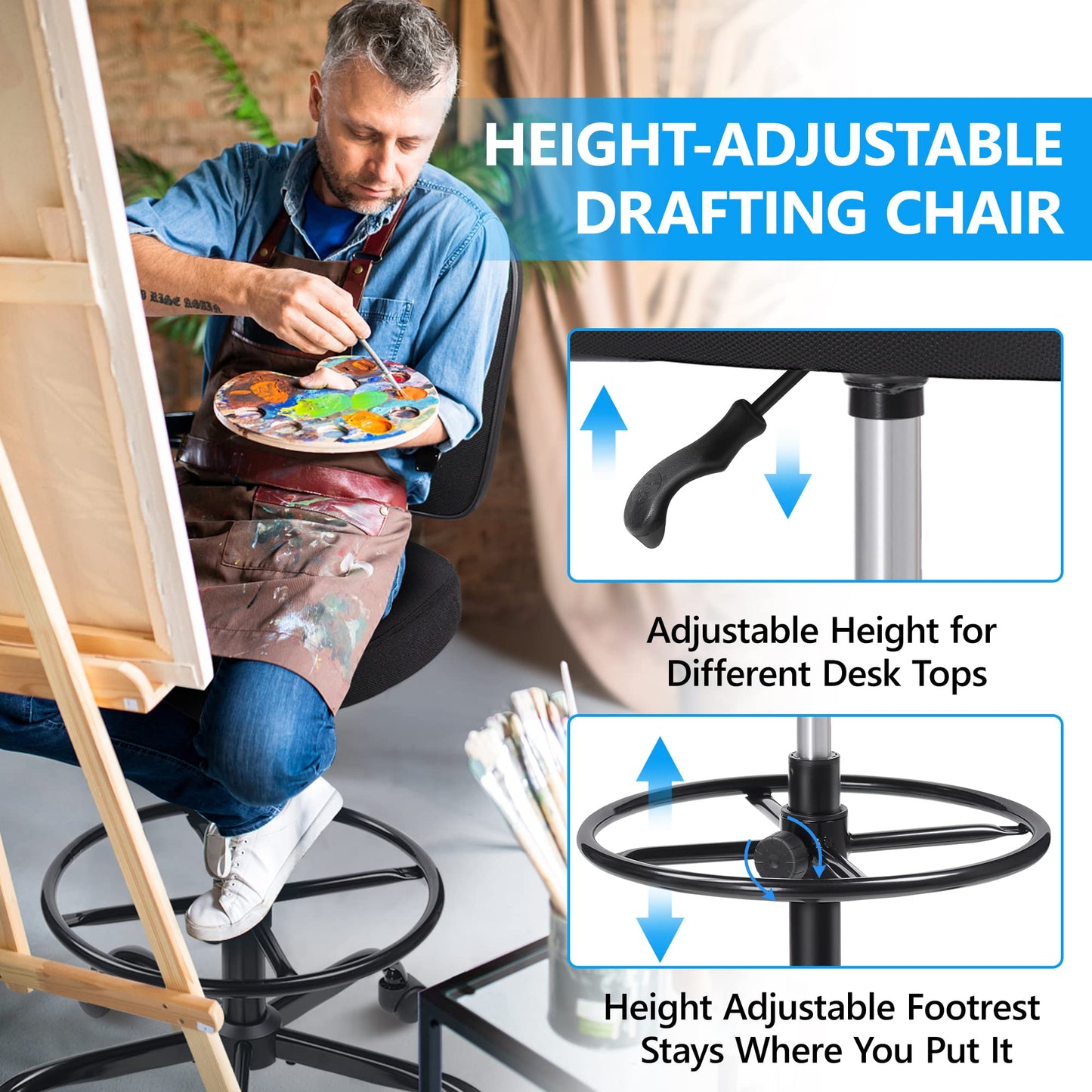 Primy Tall Drafting Desk Chair - Armless, Adjustable Height, Mesh Back, Rolling, Standing Desk Chair for Art Room, Office or Home (Black)