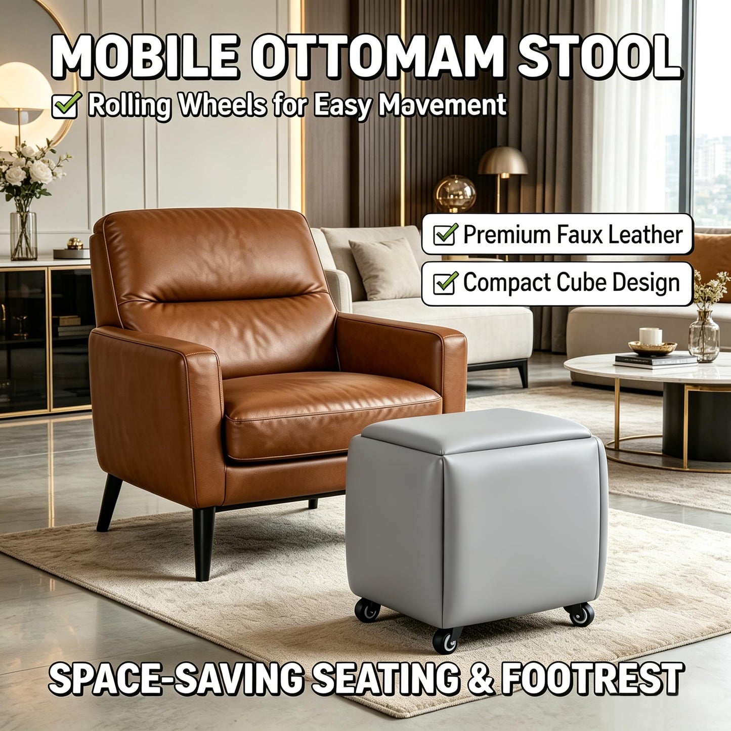 LUGSHIREE 5 in 1 Nesting Ottoman Cube Chair, Stackable Stools, Leather Square Ottoman Bench, Foot Stool with Wheels for Living Room,Dining Room 15.75x15.75x16.54 inches