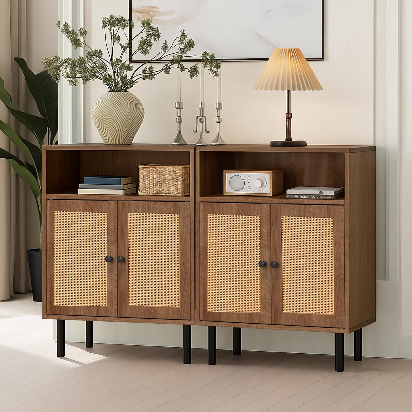 DongRong Rattan Storage Cabinet, Boho Accent Cabinet with Double Doors, Small Freestanding Sideboard for Hallway, Laundry Room,Kitchen, Dining Room, Entryway (Walnut)