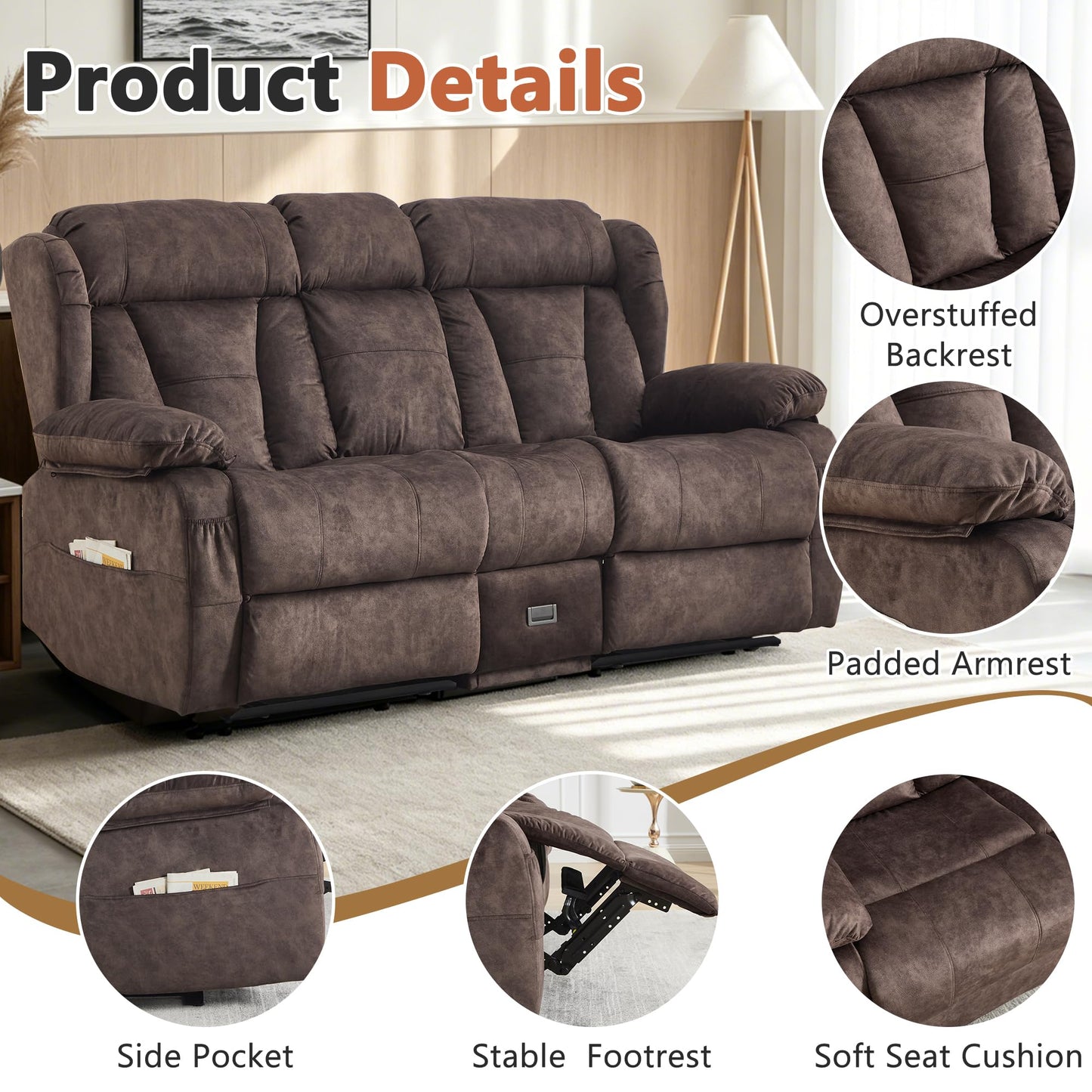 AHMED Loveseat Recliner Sofa with Console, Manual Reclining Loveseat RV Couch with Cup Holders/Side Pocket/Padded Armrest Cushion for Living Room, Velvet, Brown
