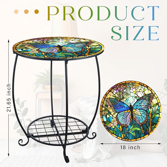 Cinnvoice Outdoor Side Table Round Small Mosaic Patio Accent Indoor End Plant