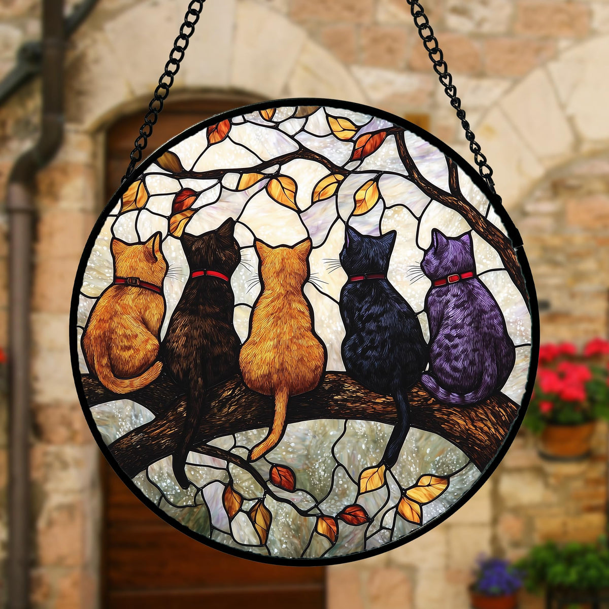 DASTOLL Stained Glass Window Hanging - 5 Cats on a Branch Suncatcher for Window Doors Home Decoration and Christmas, Mother's Day Father's Day Birthday Gifts for Women, Men, and Mom 7.8x7.8 in