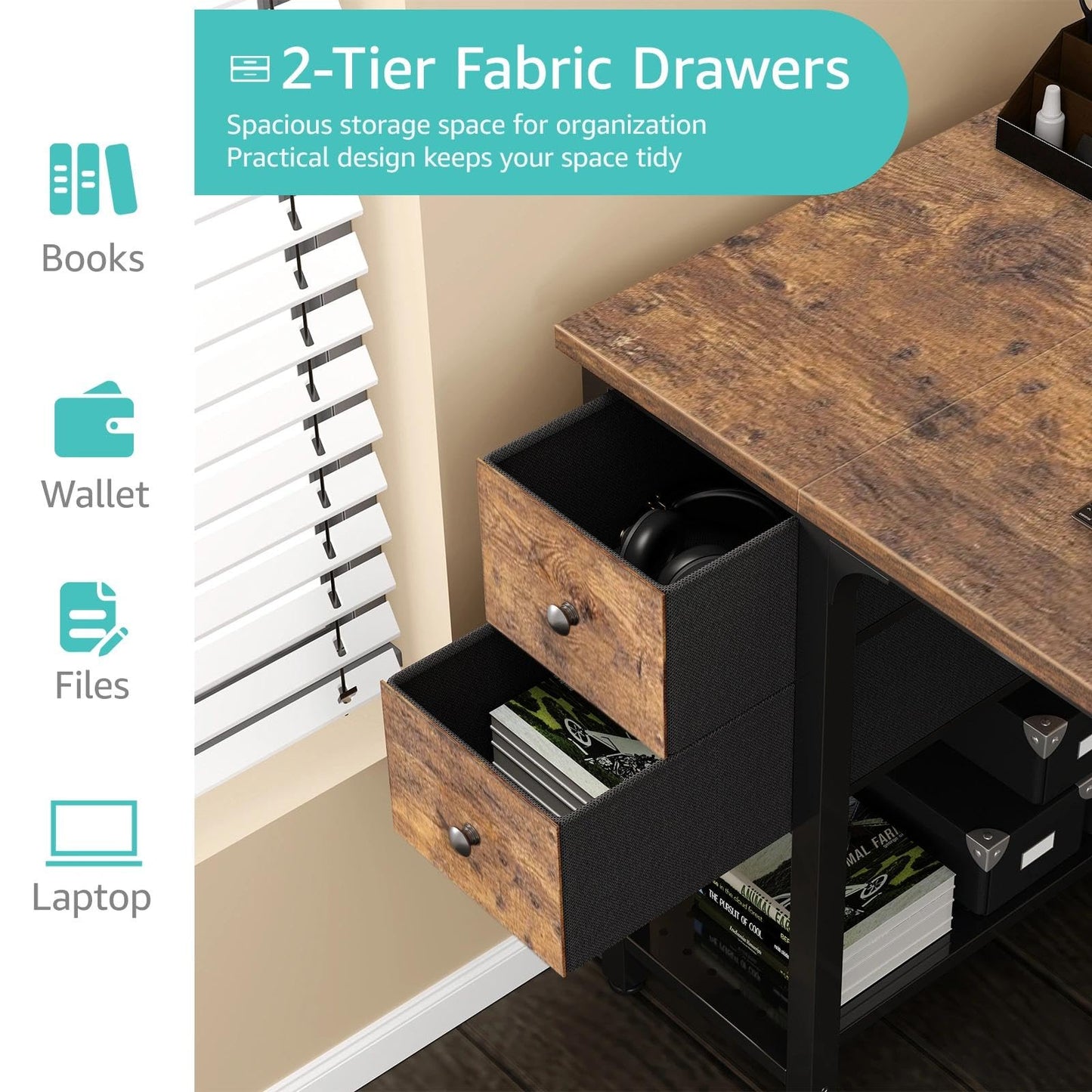 Lufeiya Computer Desk with Fabric Drawers, 47 Inch Desk for Small Space Home Office, Modern Simple Study Writing Table PC Desks for Bedroom, Rustic Brown